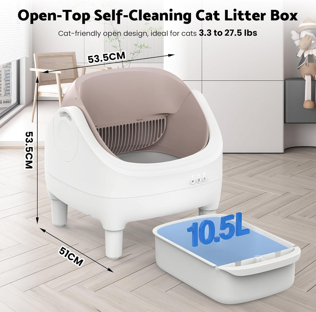 Self Cleaning Litter Box, Open Top Design Automatic Cat Litter Box for Multiple Cats with App Control, Safety Protection, 10.5L Large Waste Bin, Includes Trash Bags and Litter Mat