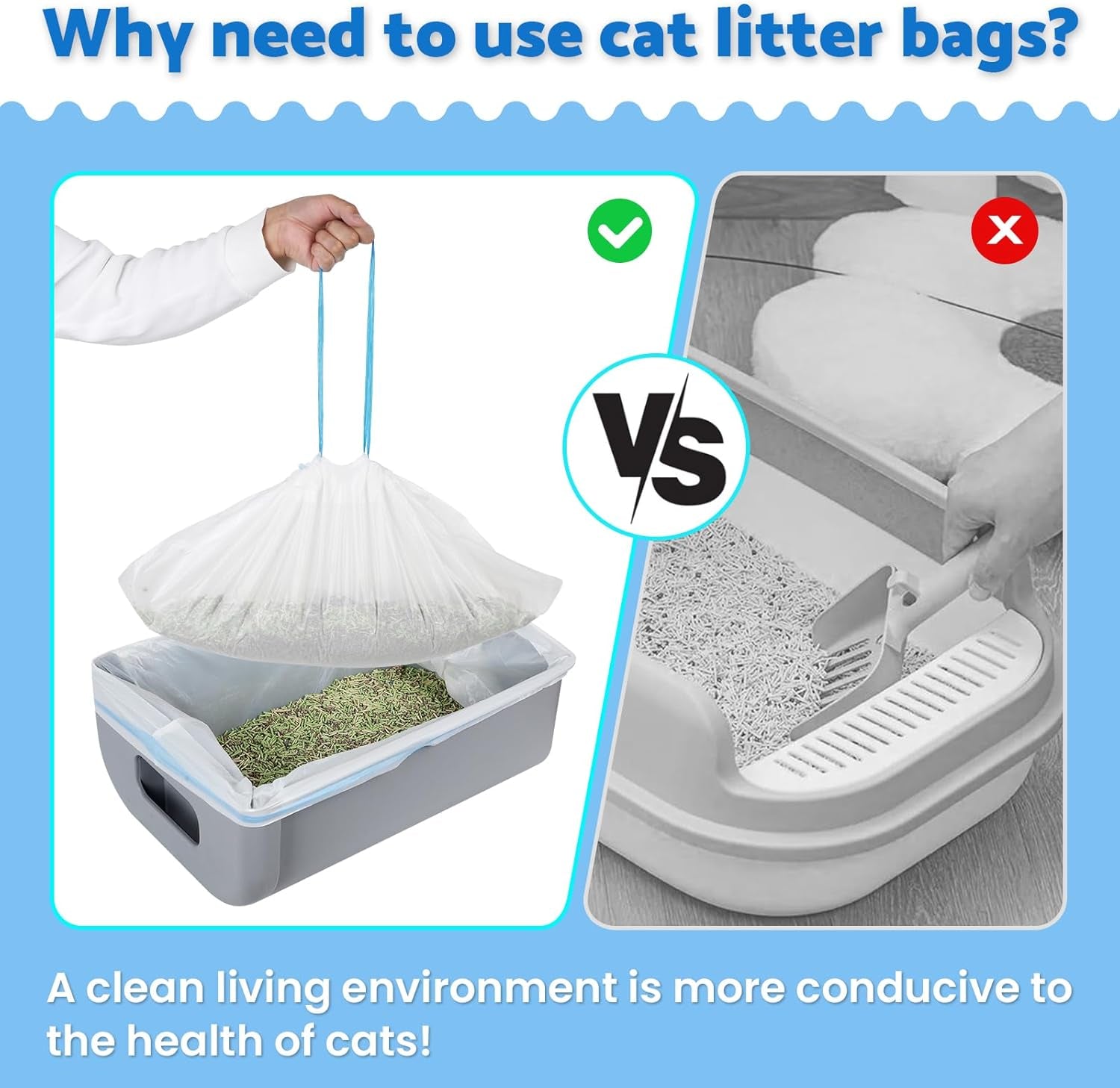 200 Count Self-Cleaning Cat Litter Box Garbage Bag, 66 X 29 Cm Cat Litter Bags with Drawstring, Cat Litter Waste Replacement Bags (200 Counts/10 Rolls)