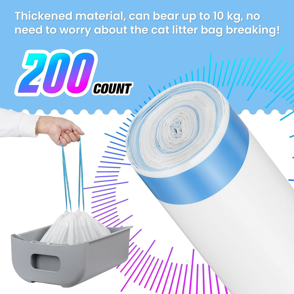 200 Count Self-Cleaning Cat Litter Box Garbage Bag, 66 X 29 Cm Cat Litter Bags with Drawstring, Cat Litter Waste Replacement Bags (200 Counts/10 Rolls)