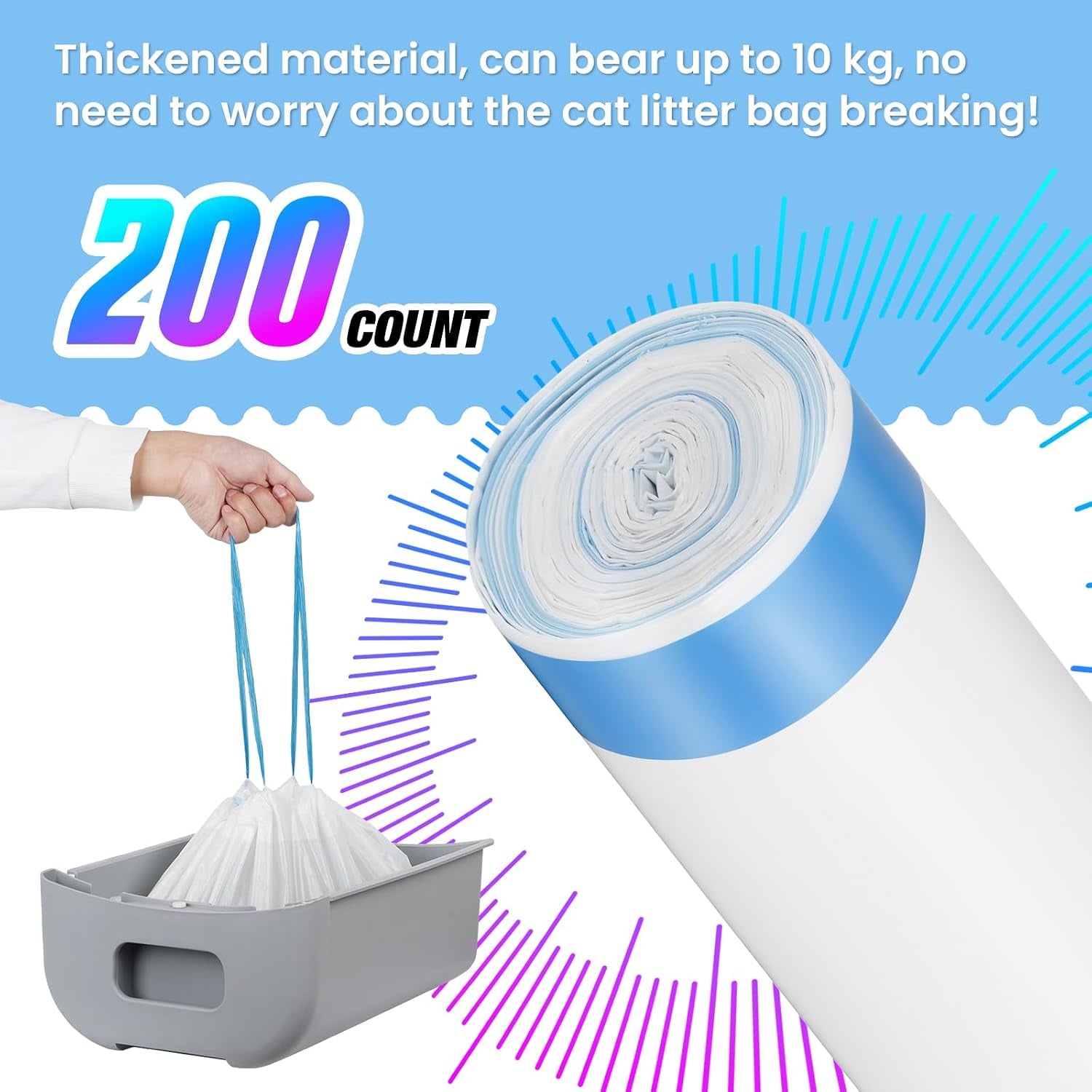 200 Count Self-Cleaning Cat Litter Box Garbage Bag, 66 X 29 Cm Cat Litter Bags with Drawstring, Cat Litter Waste Replacement Bags (200 Counts/10 Rolls)