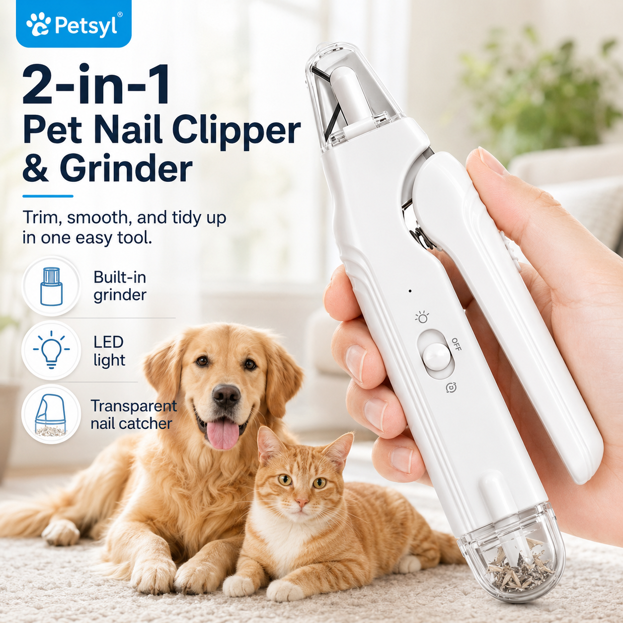 Petsyl™ 2-in-1 Dog Nail Grinder & Trimmer — Quiet, Rechargeable Electric Nail File