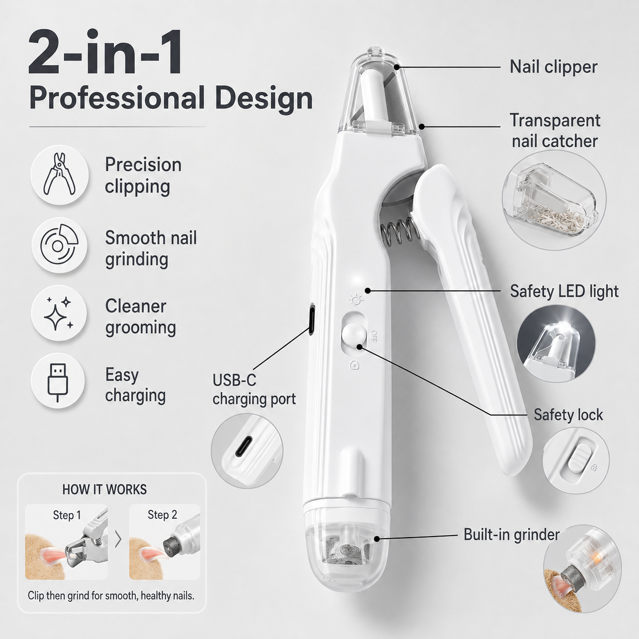 Petsyl™ 2-in-1 Dog Nail Grinder & Trimmer — Quiet, Rechargeable Electric Nail File