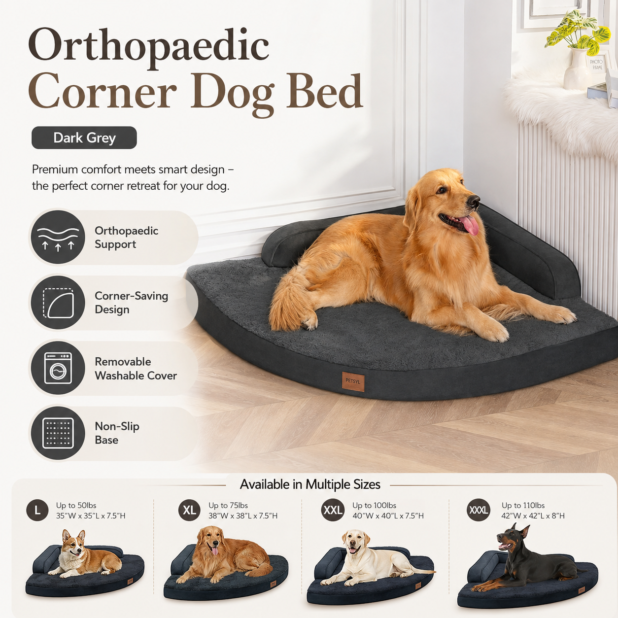 Petsyl™ Orthopedic Memory Foam Dog Bed (Dark Grey) — Waterproof, Washable Cover, Non-Slip