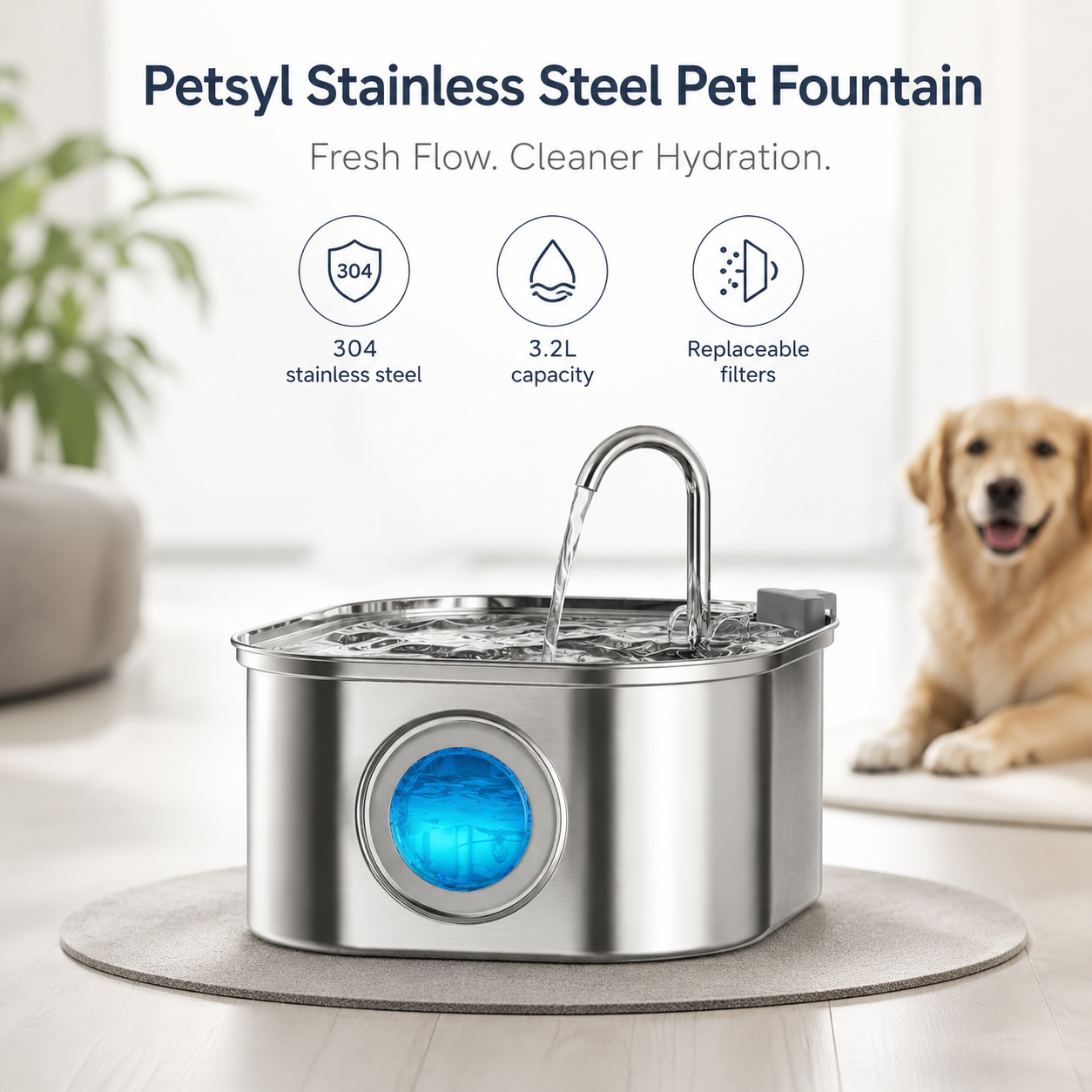 Petsyl™ Sensor Pet Water Fountain — 3.2L Stainless Steel, Ultra-Quiet, Auto-Filter