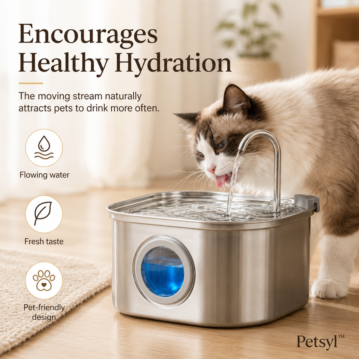 Petsyl™ Sensor Pet Water Fountain — 3.2L Stainless Steel, Ultra-Quiet, Auto-Filter