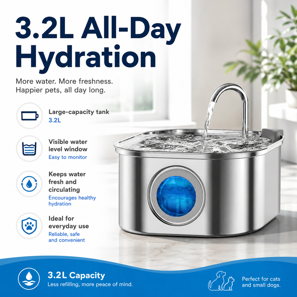 Petsyl™ Sensor Pet Water Fountain — 3.2L Stainless Steel, Ultra-Quiet, Auto-Filter