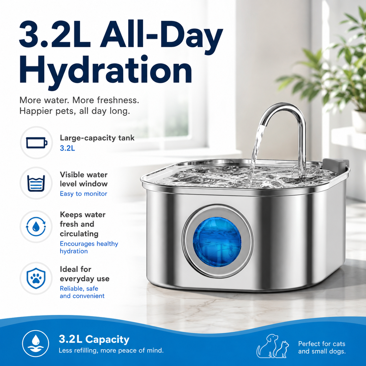 Petsyl™ Sensor Pet Water Fountain — 3.2L Stainless Steel, Ultra-Quiet, Auto-Filter