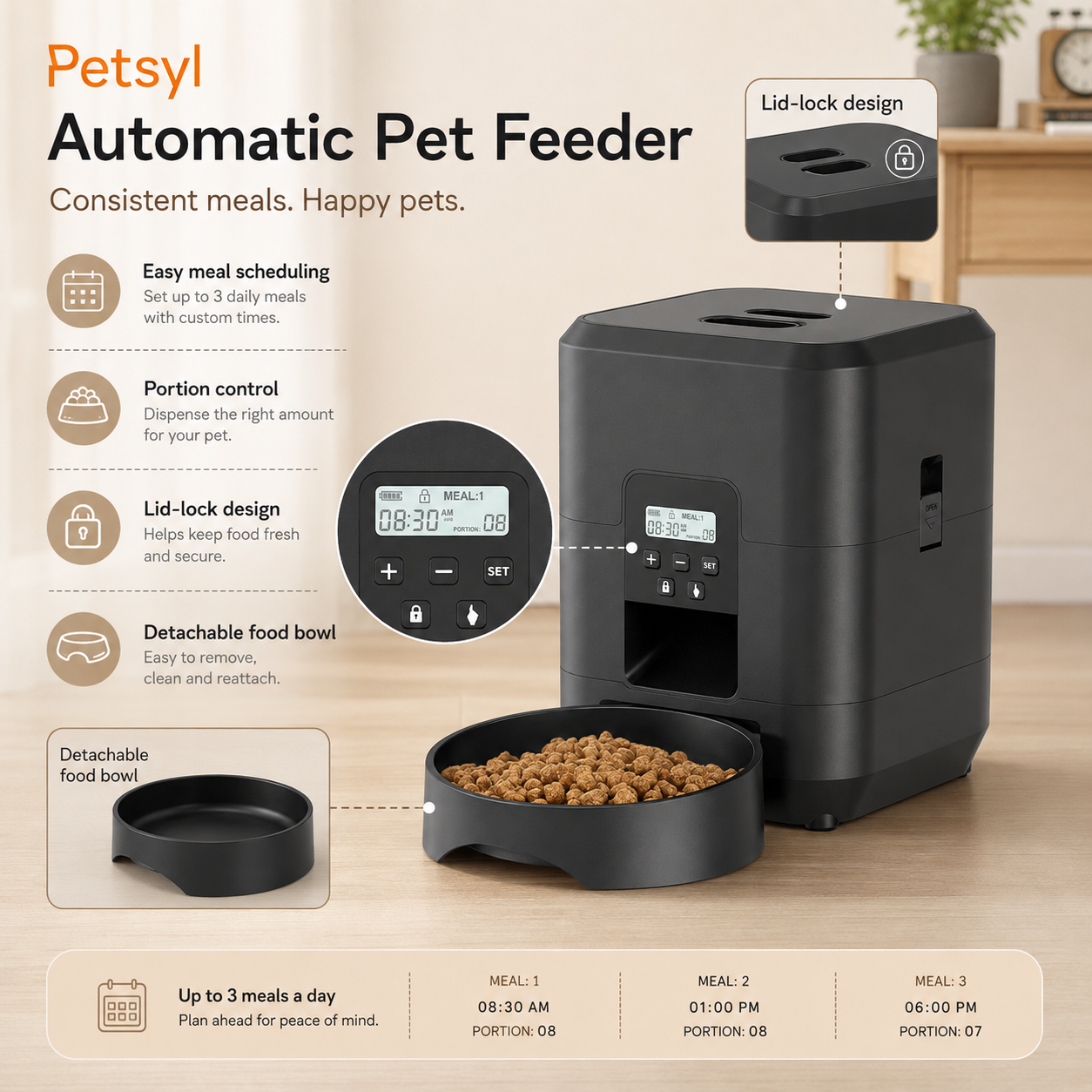 Petsyl™ Smart Automatic Pet Feeder — Timed Portions for Dogs & Cats (Wi-Fi Option)