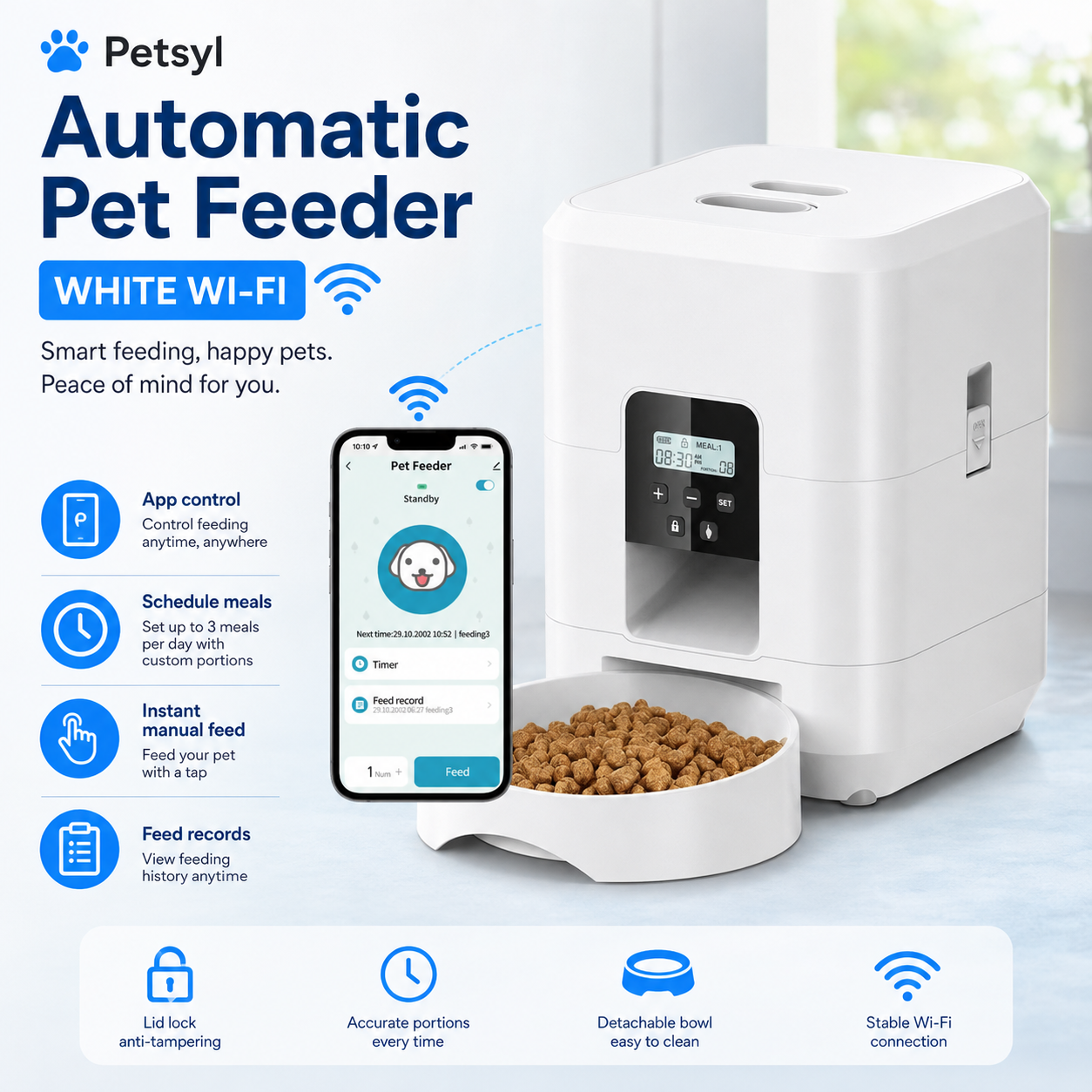 Petsyl™ Smart Automatic Pet Feeder — Timed Portions for Dogs & Cats (Wi-Fi Option)