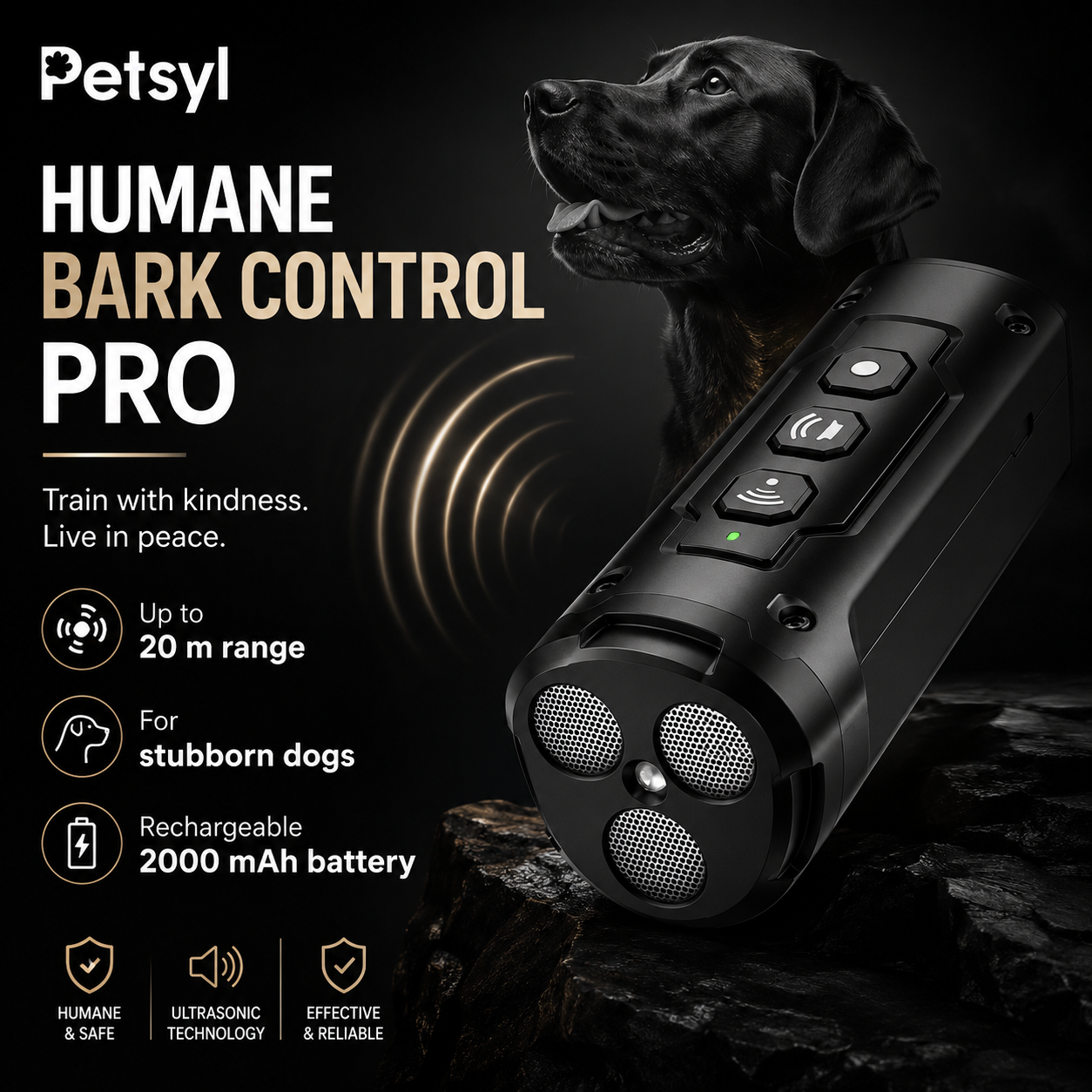 Petsyl™ Humane Ultrasonic Anti-Bark & Training Device — No-Shock, Rechargeable