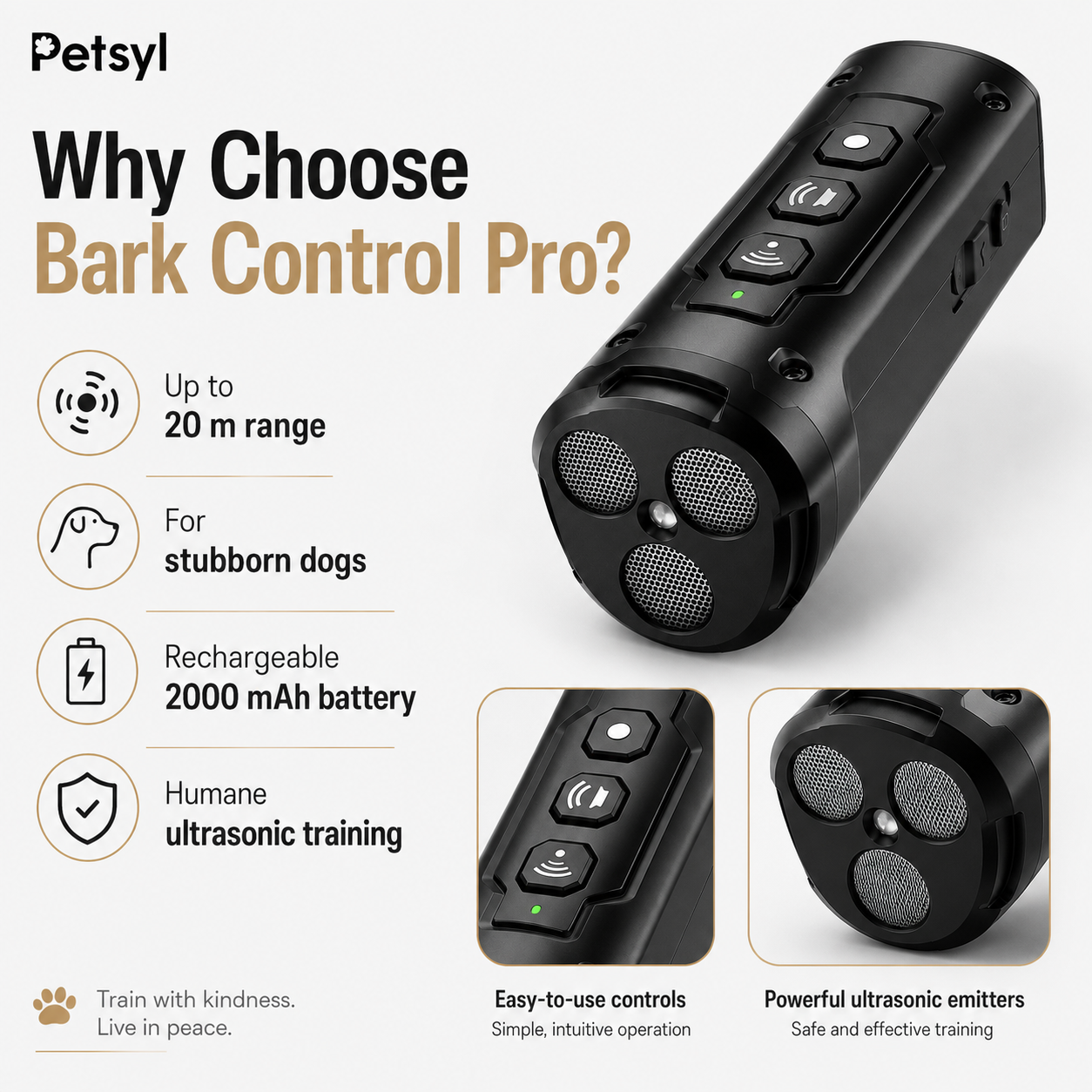 Petsyl™ Humane Ultrasonic Anti-Bark & Training Device — No-Shock, Rechargeable