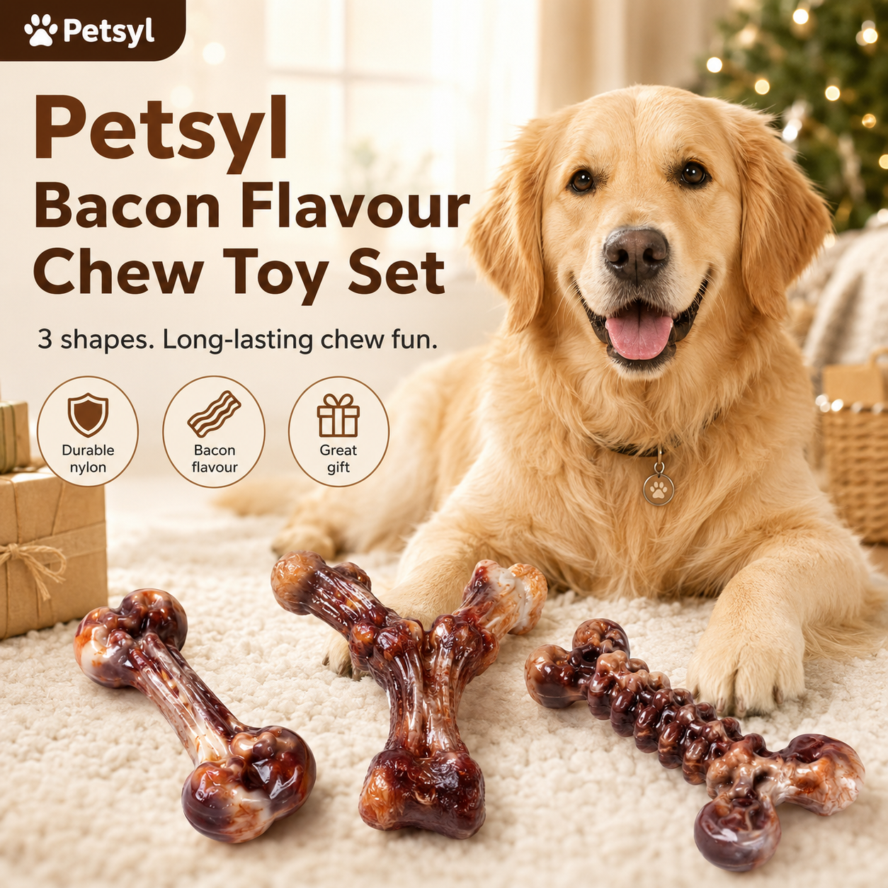 Petsyl™ Indestructible Dog Chew Toys — 3-Pack Tough Bones for Aggressive Chewers (Bacon Scented)