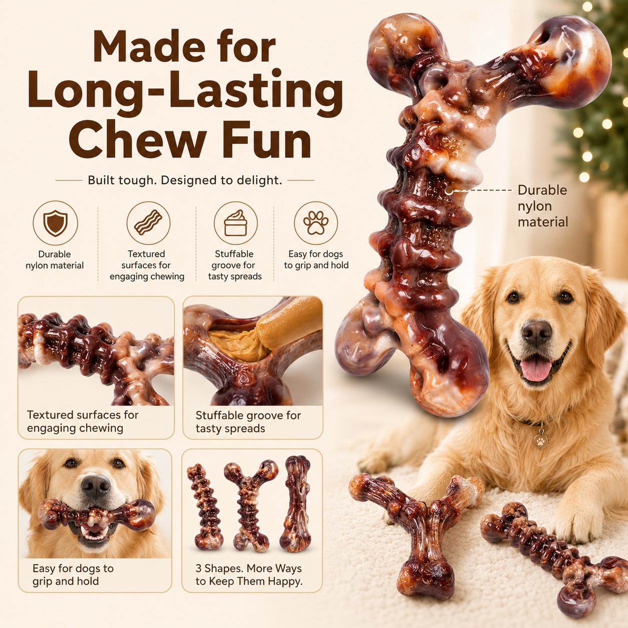 Petsyl™ Indestructible Dog Chew Toys — 3-Pack Tough Bones for Aggressive Chewers (Bacon Scented)