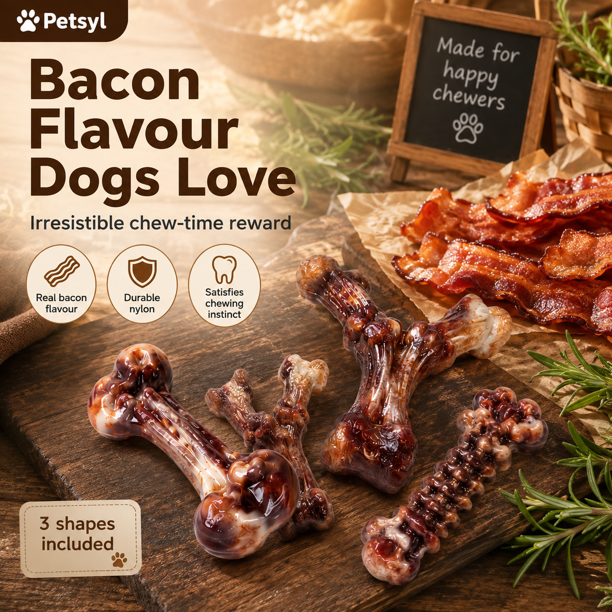 Petsyl™ Indestructible Dog Chew Toys — 3-Pack Tough Bones for Aggressive Chewers (Bacon Scented)