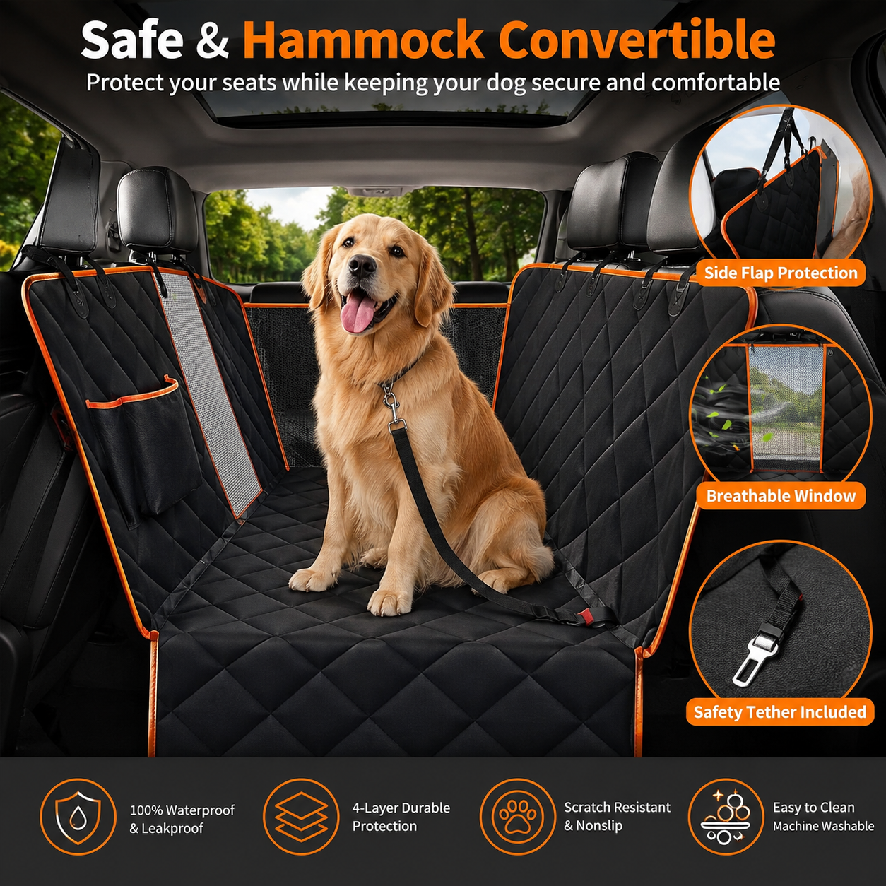Petsyl™ Waterproof Dog Car Seat Cover & Hammock — Mesh Window, Fits Cars & SUVs