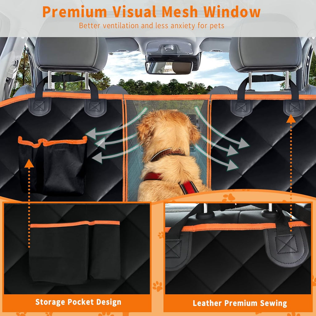 Dog Car Seat Cover,Waterproof Pet Seat Cover with Mesh Visual Window & Seat Belt Opening & Storage Pockets,Wear-Proof Dog Back Seat Hammock for Cars, Trucks and SUV - 147 X 137 Cm