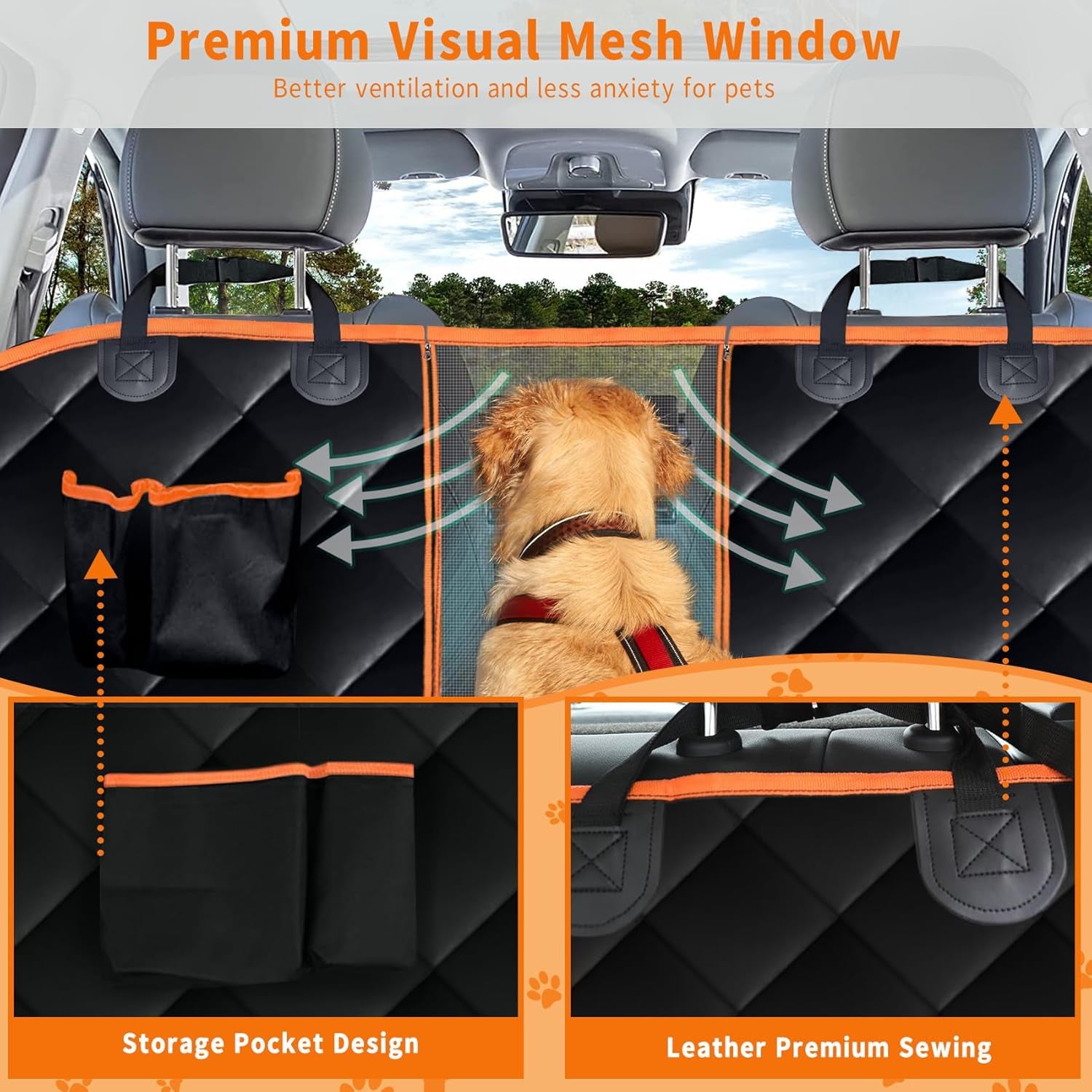 Dog Car Seat Cover,Waterproof Pet Seat Cover with Mesh Visual Window & Seat Belt Opening & Storage Pockets,Wear-Proof Dog Back Seat Hammock for Cars, Trucks and SUV - 147 X 137 Cm