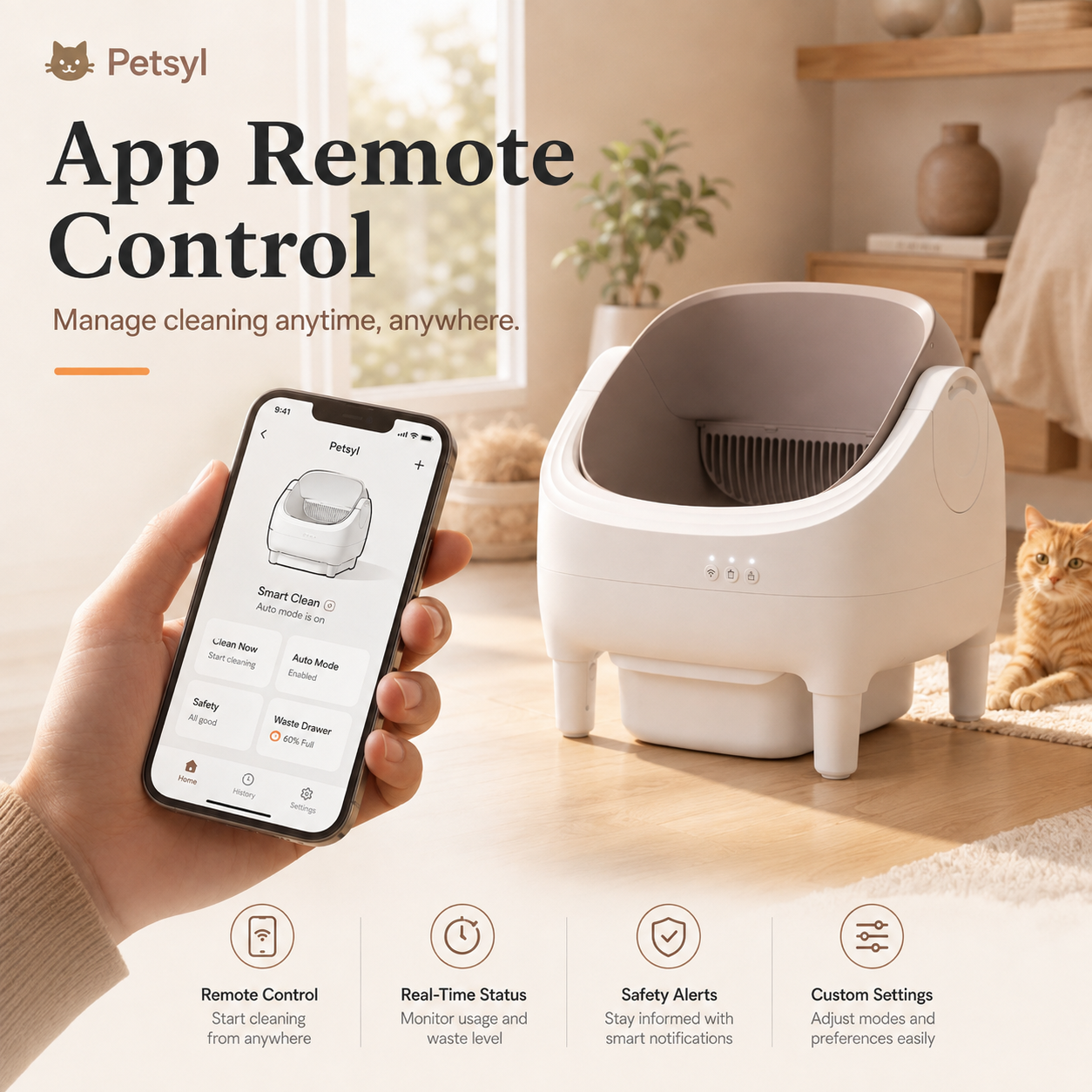 Petsyl™ Self-Cleaning Cat Litter Box — App-Controlled, Open-Top, 10.5L (Multi-Cat)