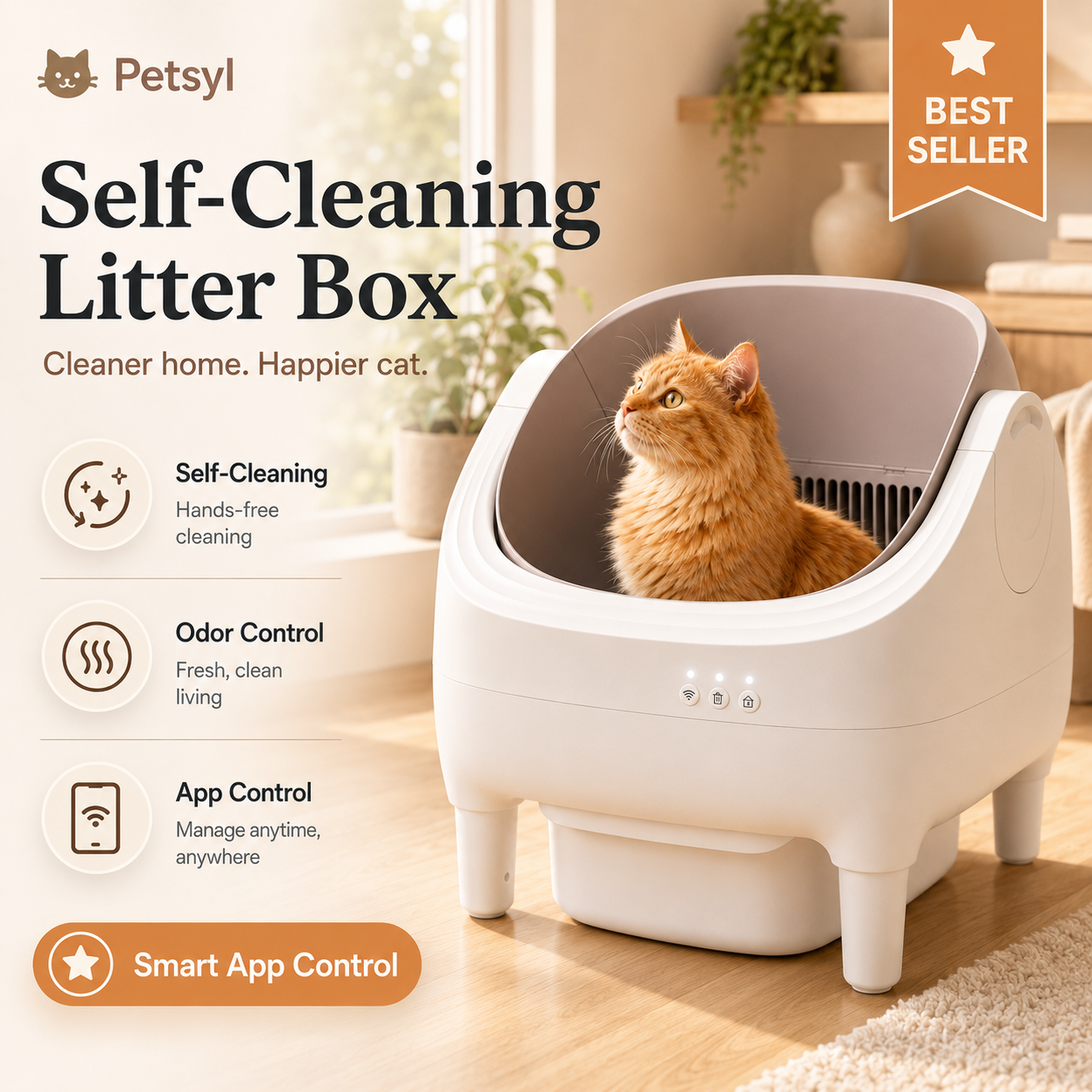 Petsyl™ Self-Cleaning Cat Litter Box — App-Controlled, Open-Top, 10.5L (Multi-Cat)